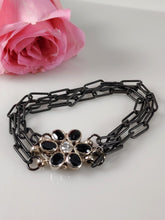 Load image into Gallery viewer, Sterling Silver, black Onyx and Crystal clasp and 3 stranded black oxidized chain bracelet