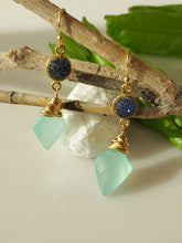 Load image into Gallery viewer, Deep blue Druzy, Light green blue Chalcedony and gold earrings.