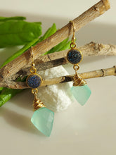 Load image into Gallery viewer, Blue Green and Gold chalcedony and Druzy, hand wire wrapped earrings.