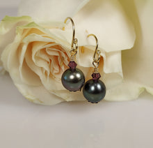 Load image into Gallery viewer, Lustrous grey-green Tahitian Pearl and Amethyst earrings