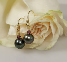 Load image into Gallery viewer, Lustrous grey-green Tahitian Pearl and Amethyst earrings