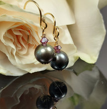 Load image into Gallery viewer, Lustrous grey-green Tahitian Pearl and Amethyst earrings