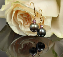 Load image into Gallery viewer, Lustrous grey-green Tahitian Pearl and Amethyst earrings