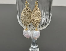 Load image into Gallery viewer, Handmade Textured Bronze and Pearl Dangle Earrings