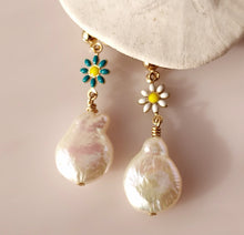 Load image into Gallery viewer, Fresh 1water Pearls in Whitre and hand wire-wrapped to enamel daisy links with 14 karat Gold -filled findings.