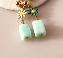 Load image into Gallery viewer, Enameled Daisys are hand wire-wrapped to rectangular pair of Peruvian Opal beads with 14 karat gold-filled findings.