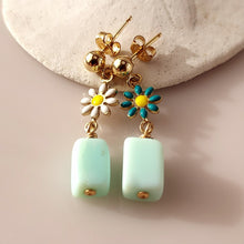 Load image into Gallery viewer, Enameled Daisys are hand wire-wrapped to rectangular pair of Peruvian Opal beads with 14 karat gold-filled findings.