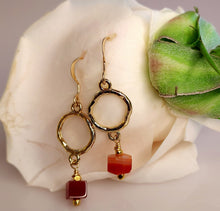 Load image into Gallery viewer, Carnelian and gold-plated round links and hand wire wrapped together and are suspended for m 14 karat gold filled ear wires.
