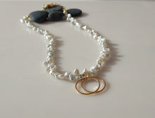 Load image into Gallery viewer, Gorgeous handcrafted white Keshi Pearl and Gold hoop necklace.
