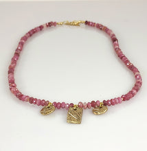 Load image into Gallery viewer, Pink Tourmaline and triple Bronze dangle necklace