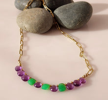 Load image into Gallery viewer, A 14 karat gold filled chain necklace featuring a row of purple amethystand green jade faceted gemstone beads.
