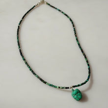 Load image into Gallery viewer, A Malachitel beaded necklace with a textured natural turquoise green-blue gemstone pendant. Sterling Silver findings.