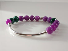 Load image into Gallery viewer, Sterling Silver, Purple Jade and Malachite stretch bracelet bykatejewelry.
