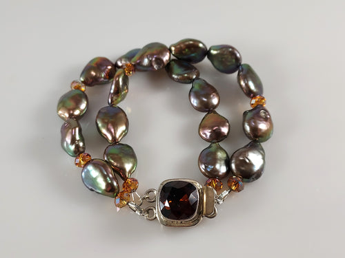 Fresh water Pearls, Sterling Silver gemstone clasp and Crystal Braclet bykatejewlery.