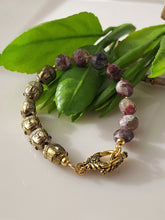 Load image into Gallery viewer, Bracelet with Brass Buddahs and Tourmaline handcrafted bykatejewelry in Ca.
