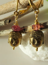 Load image into Gallery viewer, Brass, Gold and Pink Tourmaline earrings bykatejewelry.
