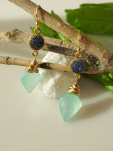Load image into Gallery viewer, Deep blue Druzy, Light green blue Chalcedony and gold earrings.
