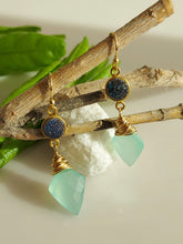 Load image into Gallery viewer, Blue Green and Gold chalcedony and Druzy, hand wire wrapped earrings.
