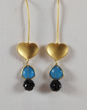 Load image into Gallery viewer, Brushed Gold Hearts with light blue Chalcedony links and black Crystal dangle earrings.
