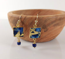 Load image into Gallery viewer, Gold Leaf Mosaic Earrings in Blue
