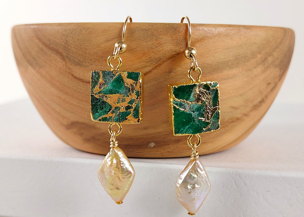 Gold Leaf Mosaic Earrings in Green