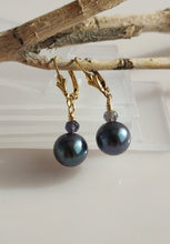 Load image into Gallery viewer, Daytime or playtime Pearl, Gold and amethyst earrings bykatejewelry.
