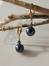 Load image into Gallery viewer, Lustrous Pearl, Gold and Amethyst earrings bykatejewelry.
