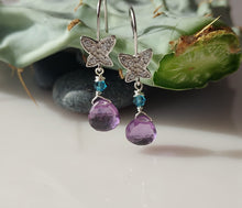 Load image into Gallery viewer, Faceted Amethysts, blue-green Swarovski Crystals and  butterflly earwires.
