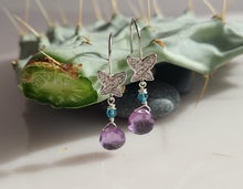 Load image into Gallery viewer, Butterfly earwires, Amethysts and Swarovski Crystalearring bykatejewelry in California.

