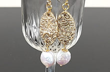 Load image into Gallery viewer, Handmade Textured Bronze and Pearl Dangle Earrings
