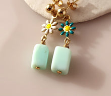 Load image into Gallery viewer, Enameled Daisys are hand wire-wrapped to rectangular pair of Peruvian Opal beads with 14 karat gold-filled findings.
