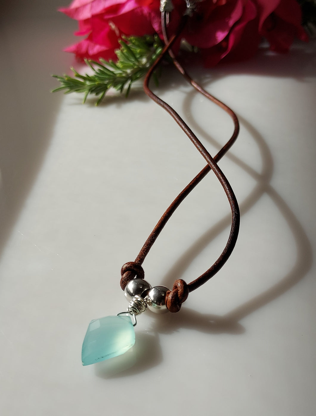 Chalcedony leather cord necklace