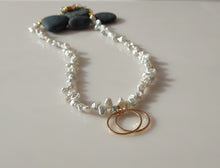 Load image into Gallery viewer, Gorgeous handcrafted white Keshi Pearl and Gold hoop necklace.
