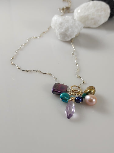 SS chain, arrary of Pearls adn Amethyst necklace.