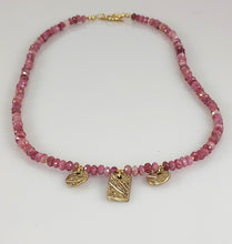 Load image into Gallery viewer, Pink Tourmaline and triple Bronze dangle necklace
