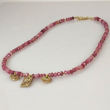 Load image into Gallery viewer, Pink Tourmaline and triple Bronze dangle necklace
