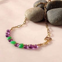Load image into Gallery viewer, A 14 karat gold filled chain necklace featuring a row of purple  amethystand green jade faceted gemstone beads.
