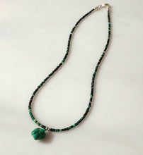 Load image into Gallery viewer, A Malachitel beaded necklace  with a textured  natural 1turquoise green-blue gemstone pendant. Sterling Silver findings.
