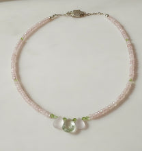 Load image into Gallery viewer,  A delicate beaded necklace featuring light pink faceted Opal beads, small light green Peridot beads, and a central cluster of two Rose Quartz and one one Green amethyst teardrop beads, small light green accent beads, finished with a Sterling silver magnetic  clasp.
